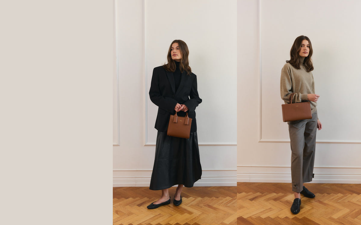 Modelki z torebkami MIDI Q i MIDI R w kolorze Caramel
