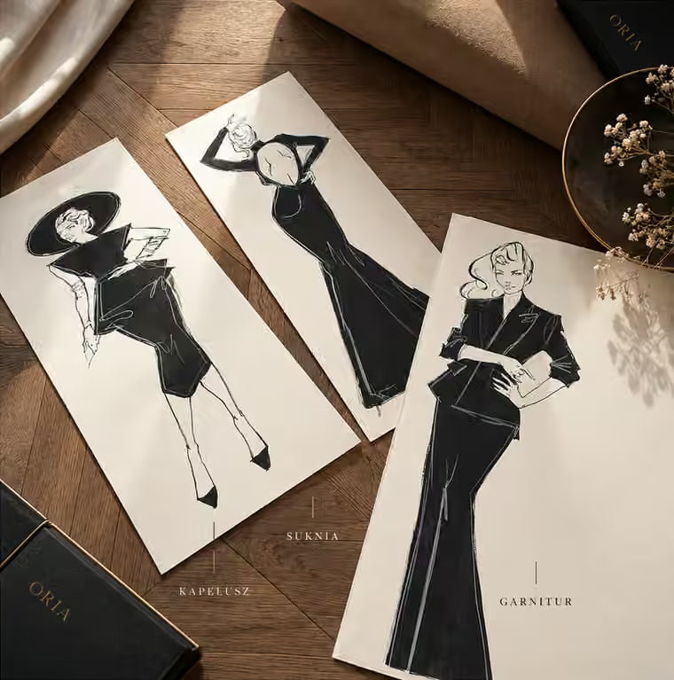 Three Anna Halarewicz illustrations for ORIA: the Hat, the Gown and the Suit